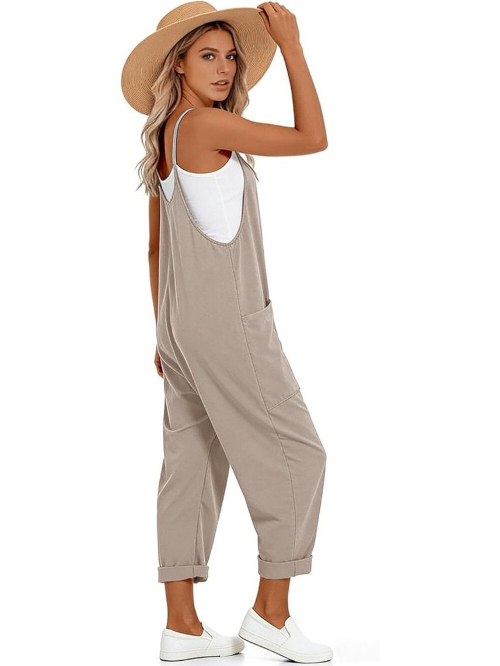 Women's Jumpsuits Khaki Gray lightweight Outfit Jumpers Adjustable Strap Rompers - Picture 2 of 5